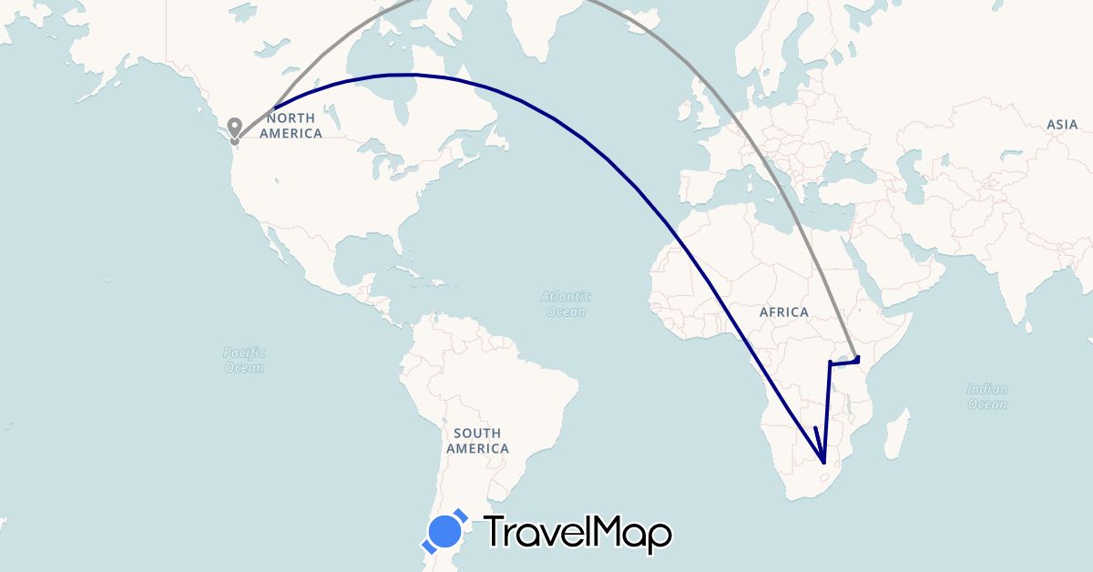 TravelMap itinerary: driving, plane in Canada, Kenya, Netherlands, Rwanda, Uganda, South Africa, Zimbabwe (Africa, Europe, North America)